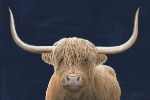 Highland Cow Navy Black Ornate Wood Framed Art Print with Double Matting by Wiens, James