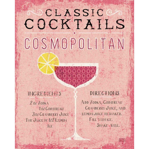 Classic Cocktails Cosmopolitan Pink Gold Ornate Wood Framed Art Print with Double Matting by Mullan, Michael