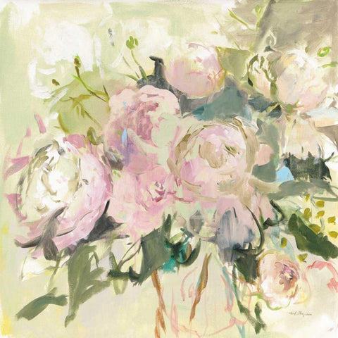 Peonies with Sage White Modern Wood Framed Art Print with Double Matting by Hageman, Marilyn