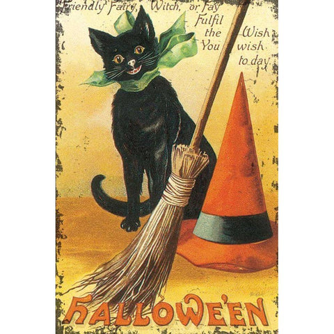Halloween Nostalgia Cat with Broom Black Modern Wood Framed Art Print with Double Matting by Pertiet, Katie