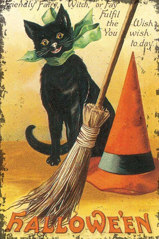 Halloween Nostalgia Cat with Broom White Modern Wood Framed Art Print with Double Matting by Pertiet, Katie
