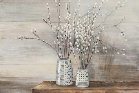 Pussy Willow Still Life with Designs White Modern Wood Framed Art Print with Double Matting by Purinton, Julia