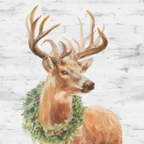 Woodland Holidays Stag Gray White Modern Wood Framed Art Print by Nai, Danhui