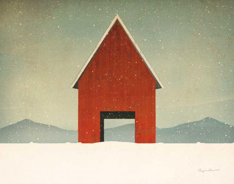 Red Barn Winter Black Ornate Wood Framed Art Print with Double Matting by Fowler, Ryan