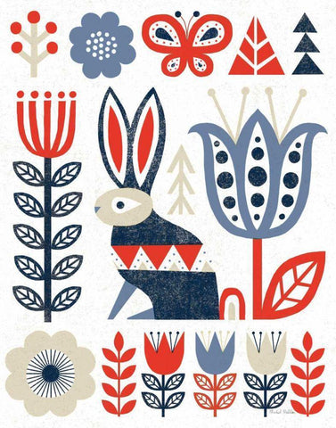 Folk Lodge Rabbit Red Navy White Modern Wood Framed Art Print with Double Matting by Mullan, Michael