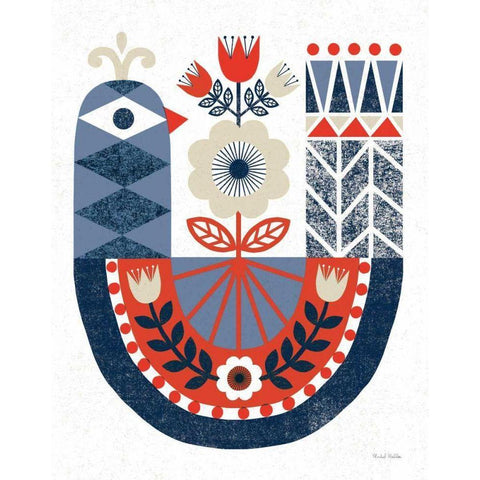 Folk Lodge Bird Red Navy White Modern Wood Framed Art Print by Mullan, Michael