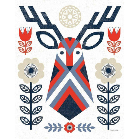 Folk Lodge Deer II Red Navy Gold Ornate Wood Framed Art Print with Double Matting by Mullan, Michael