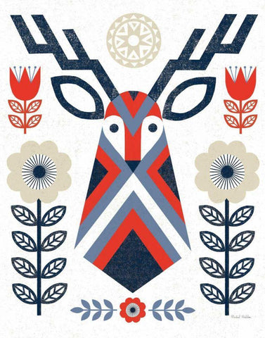 Folk Lodge Deer II Red Navy Black Ornate Wood Framed Art Print with Double Matting by Mullan, Michael