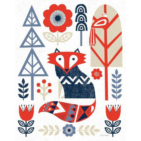 Folk Lodge Fox Red Navy Black Modern Wood Framed Art Print with Double Matting by Mullan, Michael