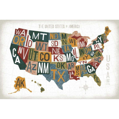 Letterpress USA Map Warm Gold Ornate Wood Framed Art Print with Double Matting by Mullan, Michael