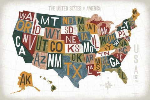 Letterpress USA Map Warm Black Ornate Wood Framed Art Print with Double Matting by Mullan, Michael