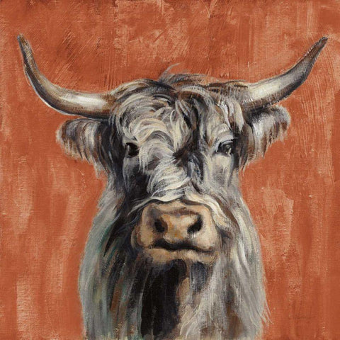 Highland Cow on Terracotta Black Ornate Wood Framed Art Print with Double Matting by Vassileva, Silvia