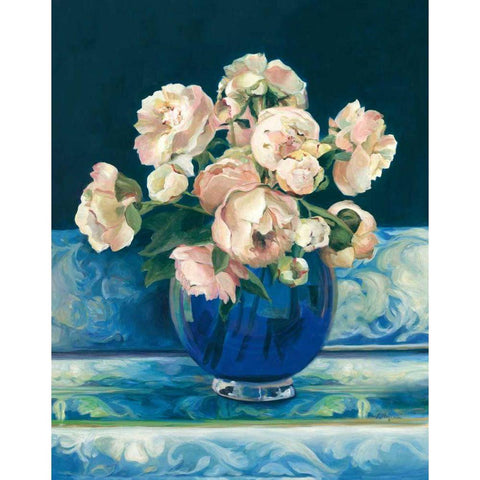 Peonies in Cobalt Vase No Fruit Gold Ornate Wood Framed Art Print with Double Matting by Hageman, Marilyn