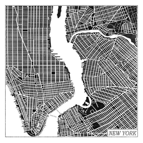 New York Map Black Black Ornate Wood Framed Art Print with Double Matting by Marshall, Laura