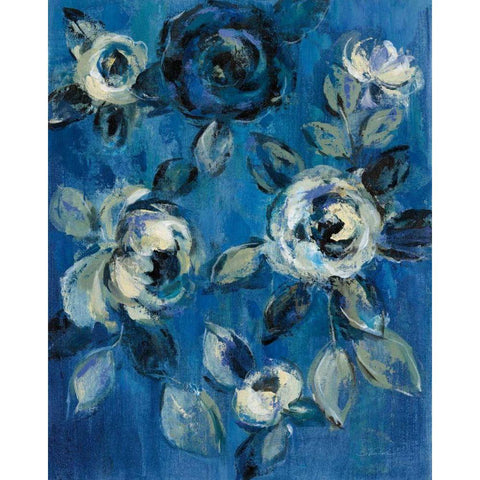 Loose Flowers on Blue I Black Modern Wood Framed Art Print with Double Matting by Vassileva, Silvia