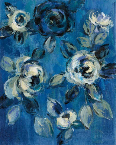 Loose Flowers on Blue I White Modern Wood Framed Art Print with Double Matting by Vassileva, Silvia