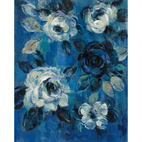 Loose Flowers on Blue II Black Modern Wood Framed Art Print with Double Matting by Vassileva, Silvia