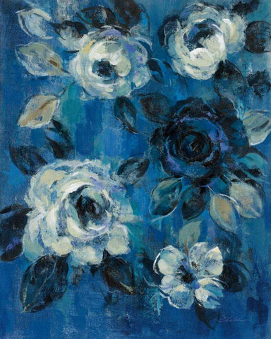 Loose Flowers on Blue II White Modern Wood Framed Art Print with Double Matting by Vassileva, Silvia