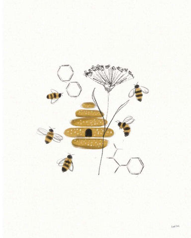 Bees and Botanicals II White Modern Wood Framed Art Print with Double Matting by York, Leah