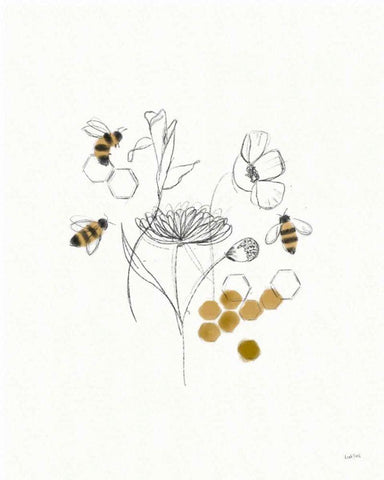 Bees and Botanicals V White Modern Wood Framed Art Print with Double Matting by York, Leah