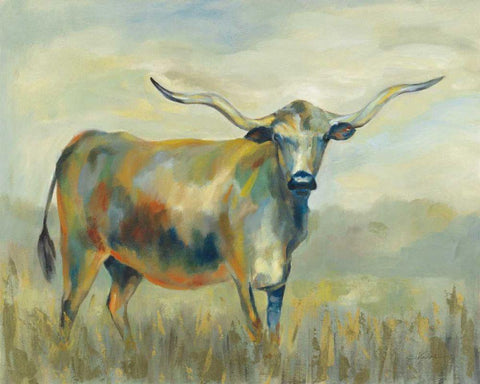 Colorful Longhorn Cow White Modern Wood Framed Art Print with Double Matting by Vassileva, Silvia