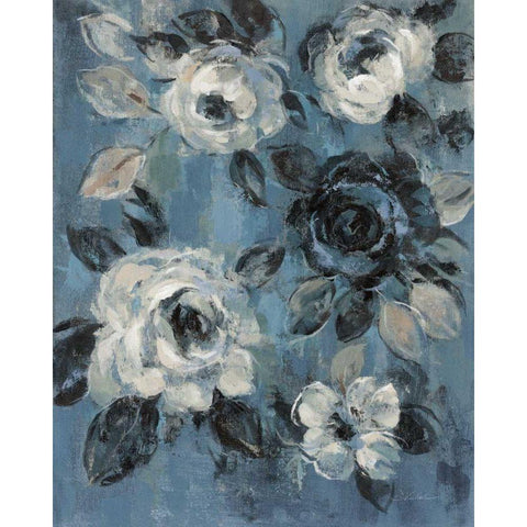 Loose Flowers on Dusty Blue II White Modern Wood Framed Art Print by Vassileva, Silvia