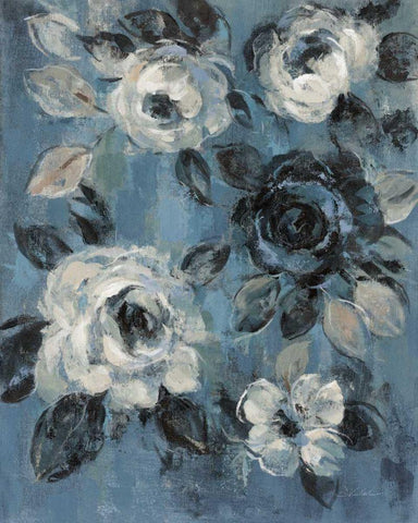 Loose Flowers on Dusty Blue II Black Ornate Wood Framed Art Print with Double Matting by Vassileva, Silvia