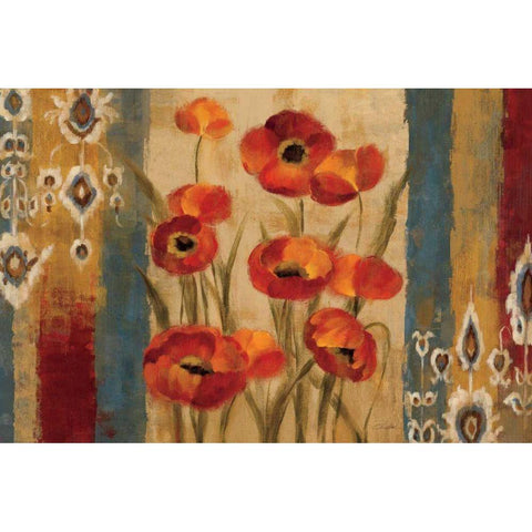 Ikat Floral Tapestry White Modern Wood Framed Art Print by Vassileva, Silvia