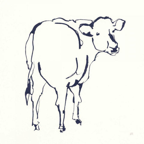 Line Cow Navy White Modern Wood Framed Art Print by Paschke, Chris