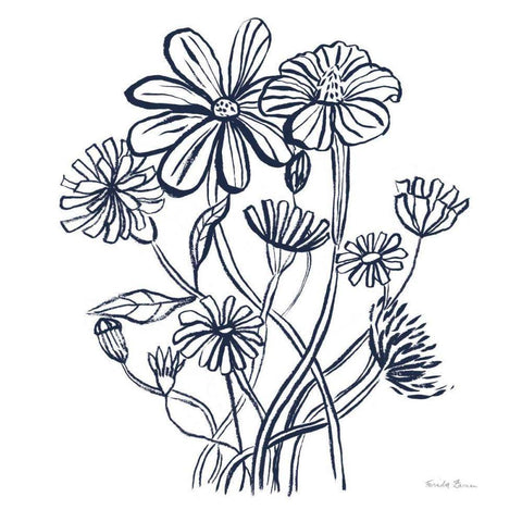 Wild Flowers Line I Navy White Modern Wood Framed Art Print with Double Matting by Zaman, Farida