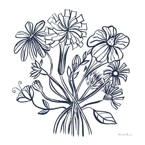 Wild Flowers Line II Navy White Modern Wood Framed Art Print with Double Matting by Zaman, Farida