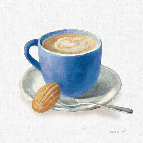 Wake Up Coffee I Linen Classic Blue White Modern Wood Framed Art Print with Double Matting by Nai, Danhui