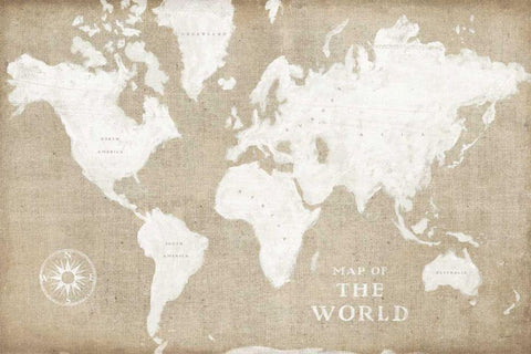 Burlap World Map I White Modern Wood Framed Art Print with Double Matting by Schlabach, Sue