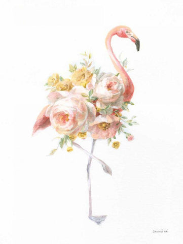 Floral Flamingo I White Modern Wood Framed Art Print with Double Matting by Nai, Danhui