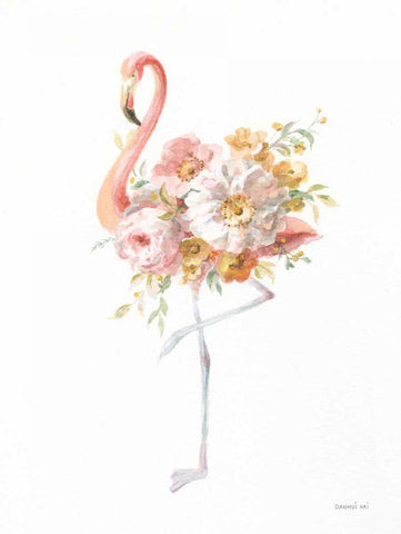 Floral Flamingo II White Modern Wood Framed Art Print with Double Matting by Nai, Danhui