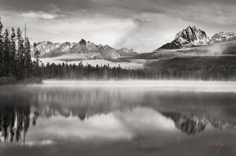 Little Redfish Lake Morning I White Modern Wood Framed Art Print with Double Matting by Majchrowicz, Alan