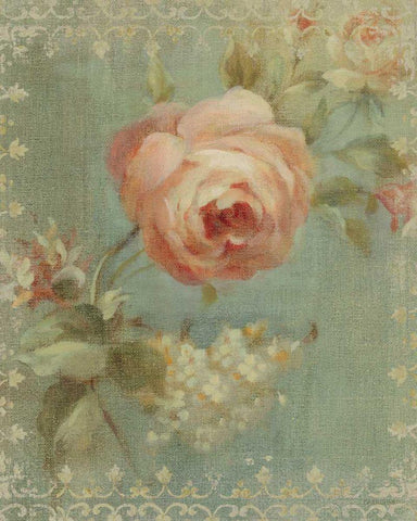 Rose on Sage White Modern Wood Framed Art Print with Double Matting by Nai, Danhui