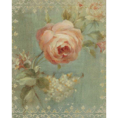 Rose on Sage Gold Ornate Wood Framed Art Print with Double Matting by Nai, Danhui