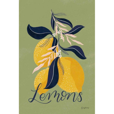 Lemons I Green Gold Ornate Wood Framed Art Print with Double Matting by Thorns, Becky