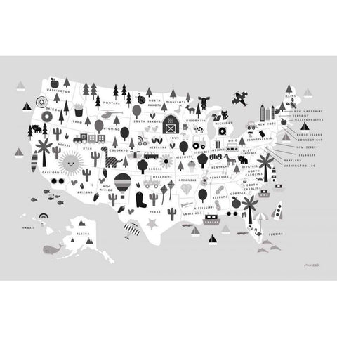 Fun USA Map BW Gold Ornate Wood Framed Art Print with Double Matting by Kelle, Ann