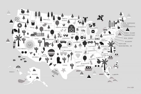 Fun USA Map BW White Modern Wood Framed Art Print with Double Matting by Kelle, Ann