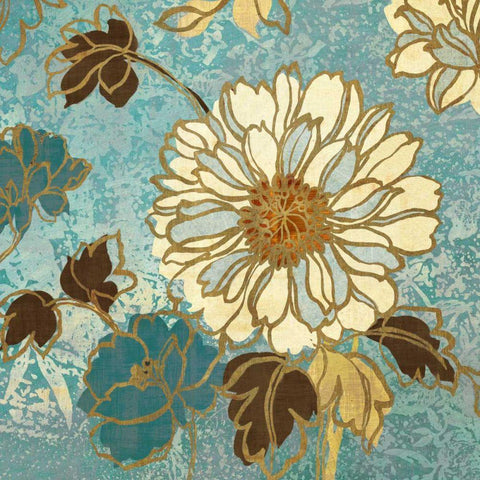 Sophias Flowers II - Blue Gold Ornate Wood Framed Art Print with Double Matting by Wild Apple Portfolio