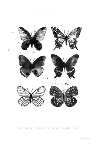 Six Inky Butterflies White Modern Wood Framed Art Print with Double Matting by Charro, Mercedes Lopez
