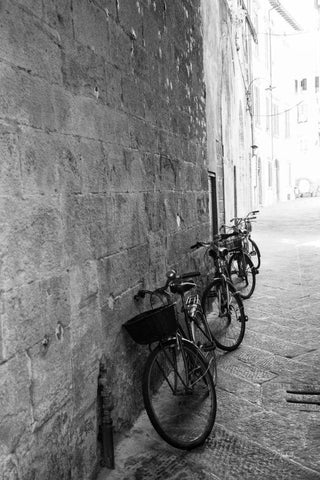 Bicycles in the Alley White Modern Wood Framed Art Print with Double Matting by Aledanda