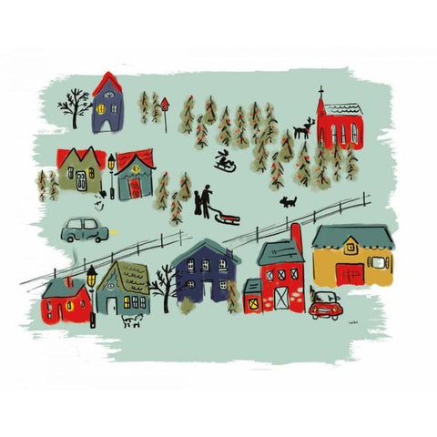 Winter Village I Green Black Modern Wood Framed Art Print with Double Matting by York, Leah