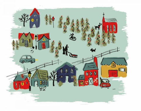 Winter Village I Green White Modern Wood Framed Art Print with Double Matting by York, Leah