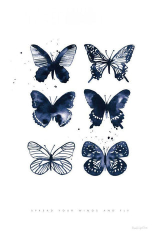 Six Inky Butterflies Blue White Modern Wood Framed Art Print with Double Matting by Charro, Mercedes Lopez