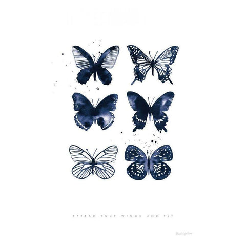 Six Inky Butterflies Blue Black Modern Wood Framed Art Print by Charro, Mercedes Lopez