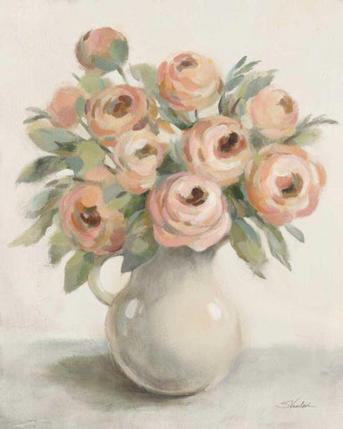 Blush Flowers in a Jug White Modern Wood Framed Art Print with Double Matting by Vassileva, Silvia