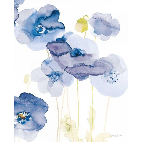 Delicate Poppies II Blue Black Modern Wood Framed Art Print by Nai, Danhui